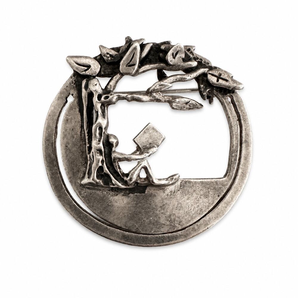 Sterling Silver Artistic Triumphs Signed Brooch Reading Under Tree Silhouette 8g
